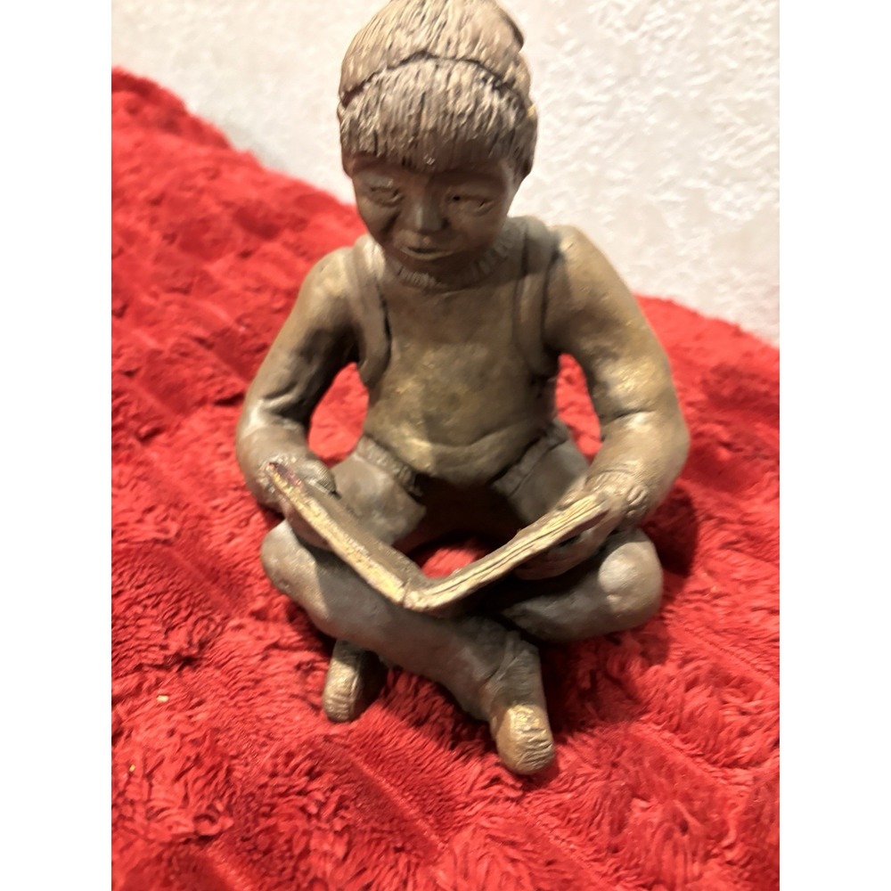 Chalk & Brown Crushed Pecan Shell and Resin Statue Girl Reading Book Red Mill 6"